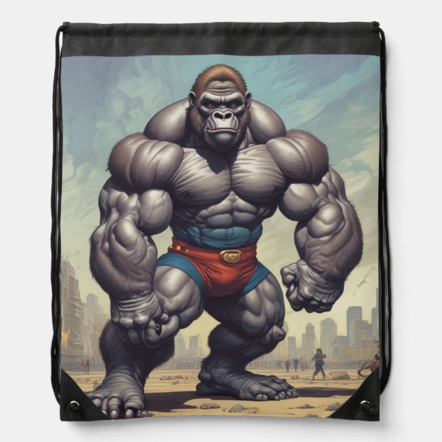 Gorilla Bodybuilder Pop Art Cartoon Drawing Drawstring Bag (Front)