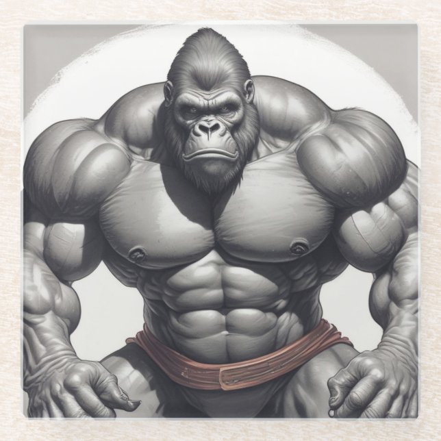 Gorilla Bodybuilder Pop Art Cartoon Drawing Glass Coaster (Front)