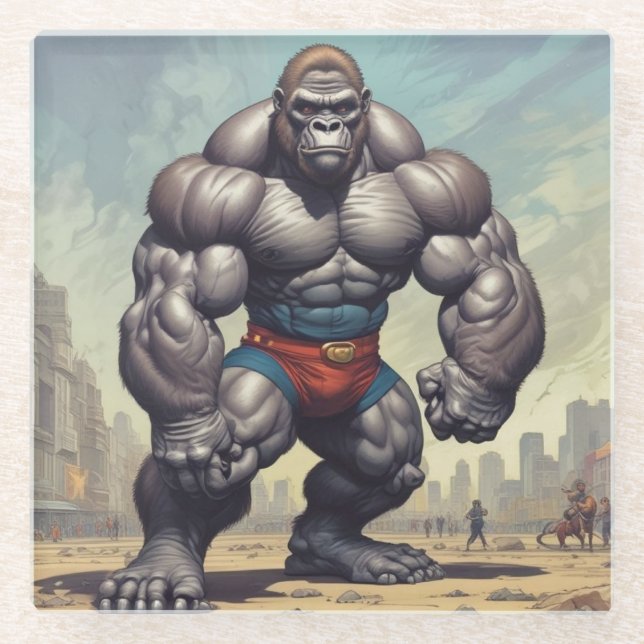 Gorilla Bodybuilder Pop Art Cartoon Drawing Glass Coaster (Front)