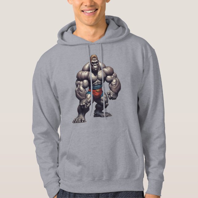 Gorilla Bodybuilder Pop Art Cartoon Drawing Hoodie (Front)