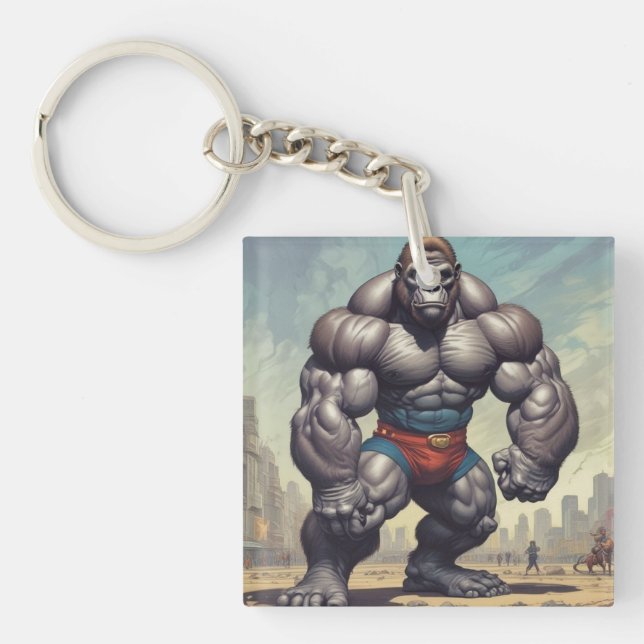 Gorilla Bodybuilder Pop Art Cartoon Drawing Keychain (Front)