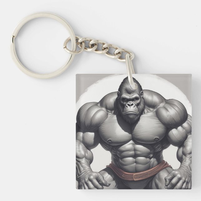 Gorilla Bodybuilder Pop Art Cartoon Drawing Keychain (Front)