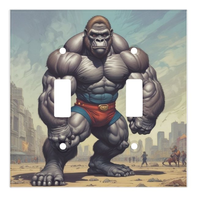 Gorilla Bodybuilder Pop Art Cartoon Drawing Light Switch Cover (Front)
