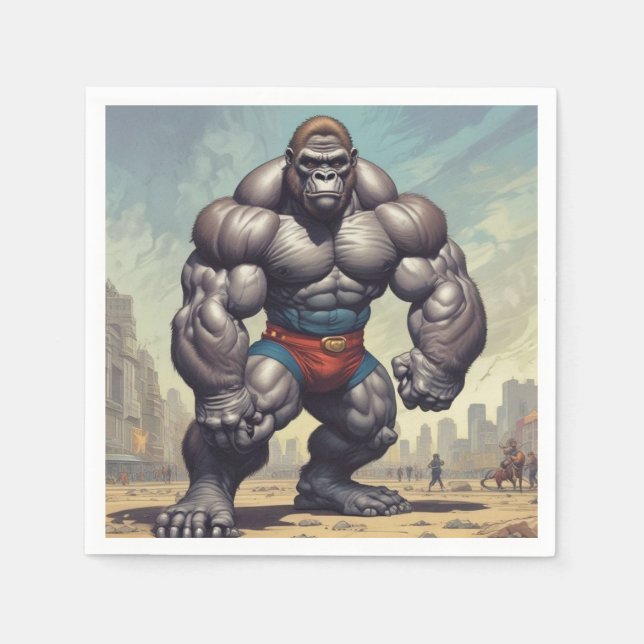 Gorilla Bodybuilder Pop Art Cartoon Drawing Napkins (Front)