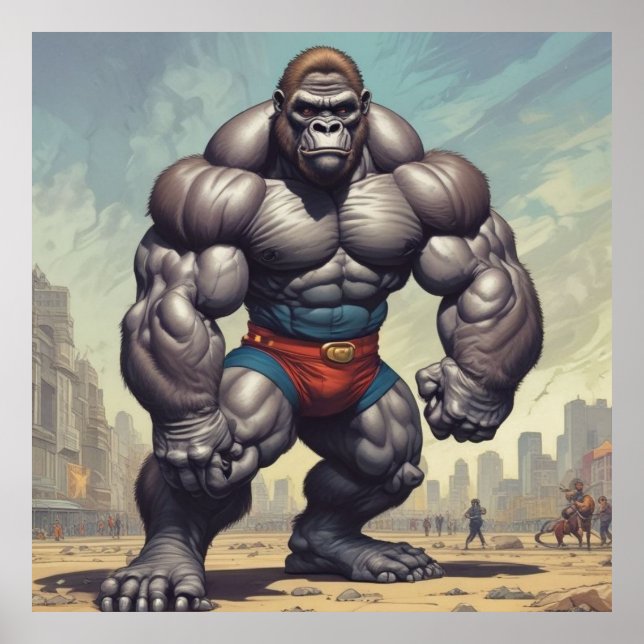 Gorilla Bodybuilder Pop Art Cartoon Drawing Poster (Front)