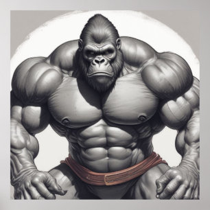 Gorilla Bodybuilder Pop Art Cartoon Drawing Poster