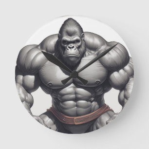 Gorilla Bodybuilder Pop Art Cartoon Drawing Round Clock