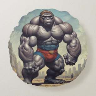 Gorilla Bodybuilder Pop Art Cartoon Drawing Round Pillow