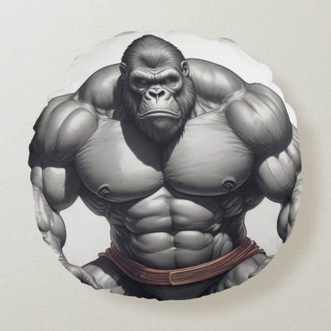 Gorilla Bodybuilder Pop Art Cartoon Drawing Round Pillow (Front)