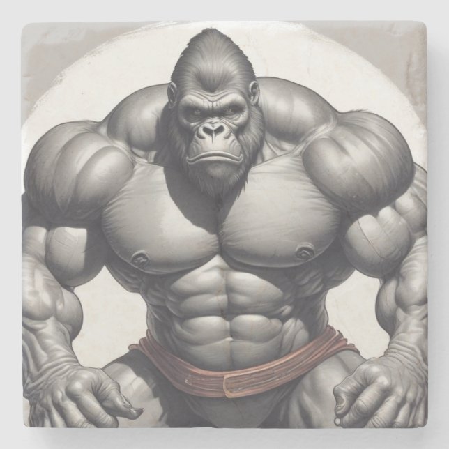 Gorilla Bodybuilder Pop Art Cartoon Drawing Stone Coaster (Front)