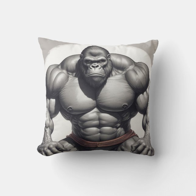 Gorilla Bodybuilder Pop Art Cartoon Drawing Throw Pillow (Front)