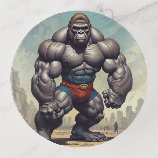 Gorilla Bodybuilder Pop Art Cartoon Drawing Trinket Tray (Front)