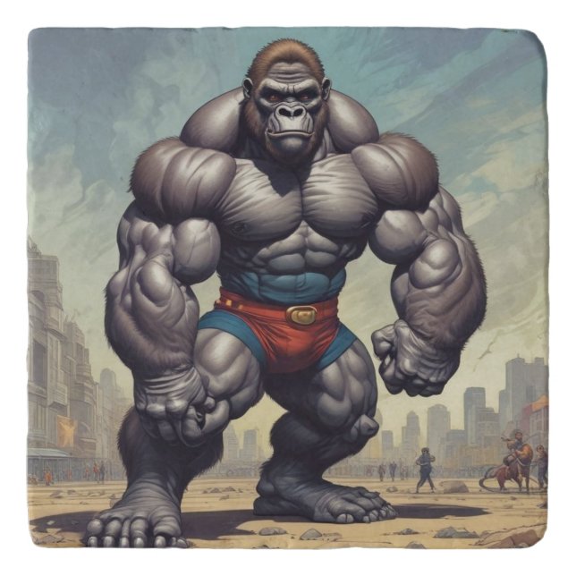 Gorilla Bodybuilder Pop Art Cartoon Drawing Trivet (Front)