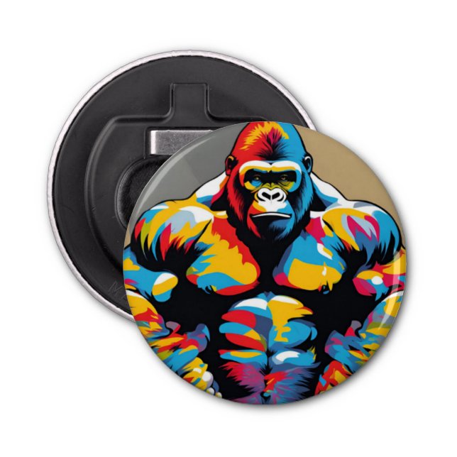 Gorilla Bodybuilder Weight Lifter Pop Art Cartoon Bottle Opener (Front)