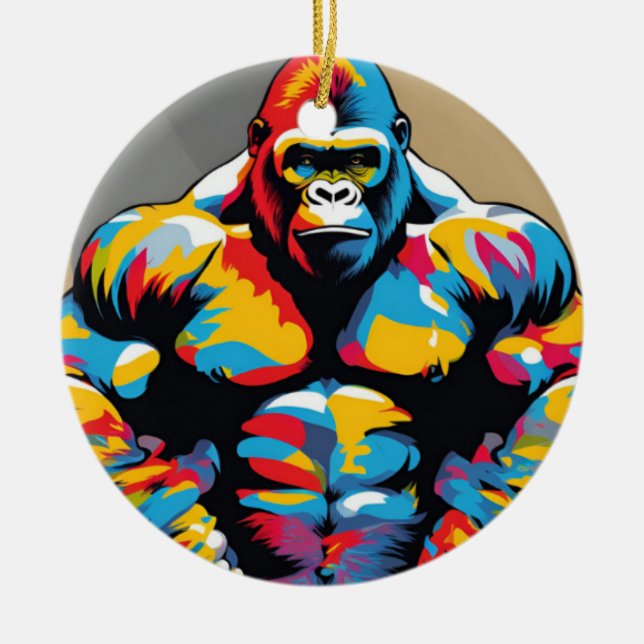 Gorilla Bodybuilder Weight Lifter Pop Art Cartoon Ceramic Ornament (Front)