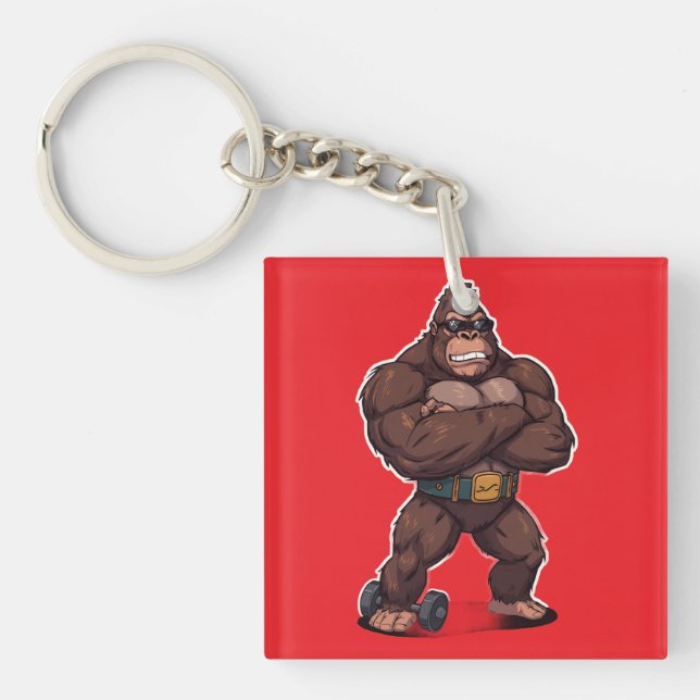 Gorilla Bodybuilder Weight Lifter Pop Art Cartoon Keychain (Front)