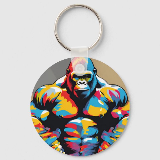 Gorilla Bodybuilder Weight Lifter Pop Art Cartoon Keychain (Front)