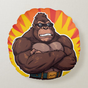 Gorilla Bodybuilder Weight Lifter Pop Art Cartoon Round Pillow