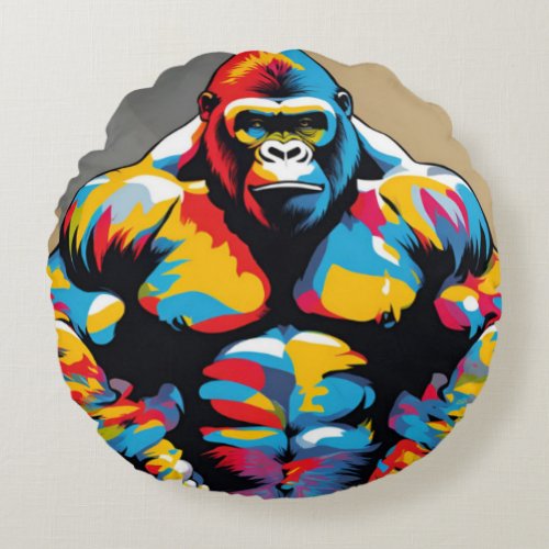 Gorilla Bodybuilder Weight Lifter Pop Art Cartoon Round Pillow