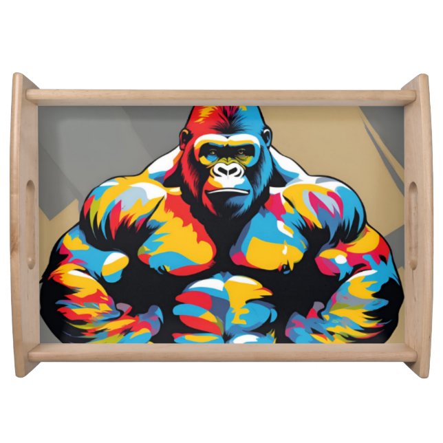 Gorilla Bodybuilder Weight Lifter Pop Art Cartoon Serving Tray (Front)