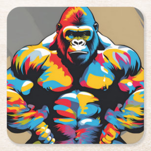 Gorilla Bodybuilder Weight Lifter Pop Art Cartoon Square Paper Coaster