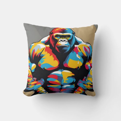 Gorilla Bodybuilder Weight Lifter Pop Art Cartoon Throw Pillow