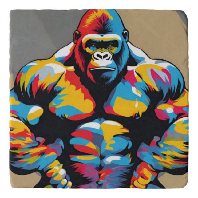 Gorilla Bodybuilder Weight Lifter Pop Art Cartoon Trivet (Front)