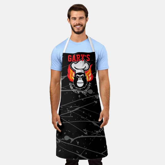 Gorilla chef hat flames personalized grilling apron (Worn)