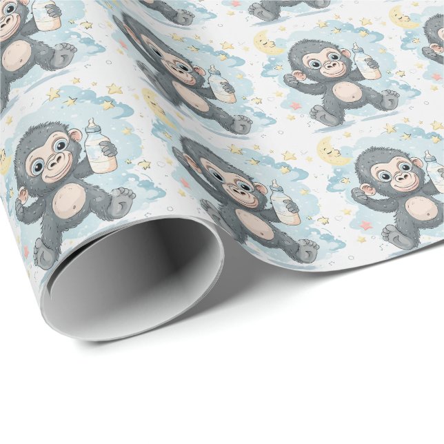 Gorilla Cute Baby Pastel Watercolor Pattern  Wrapping Paper (Roll Corner)