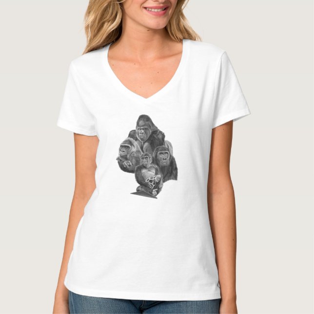 Gorilla Family V-neck T-shirt (ゴリラ家族のVネックT-シャツ） (Front)