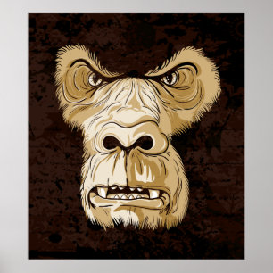 Gorilla head on black brown grunge background poster