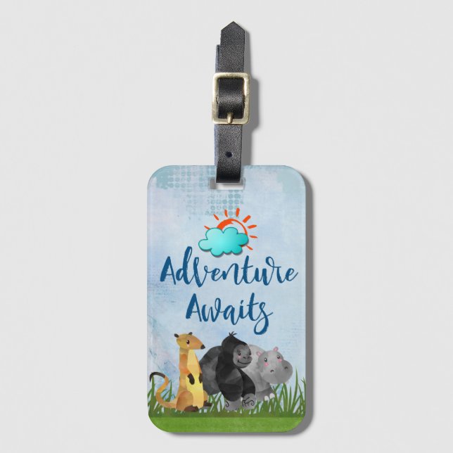 Gorilla Hippo and Meerkat Adventure Awaits Luggage Tag (Front Vertical)