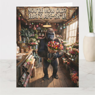 Gorilla Holding A Bouquet Of Tulips With Fun Text Card
