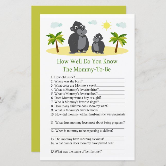 Gorilla How well do you know baby shower game (Front/Back)