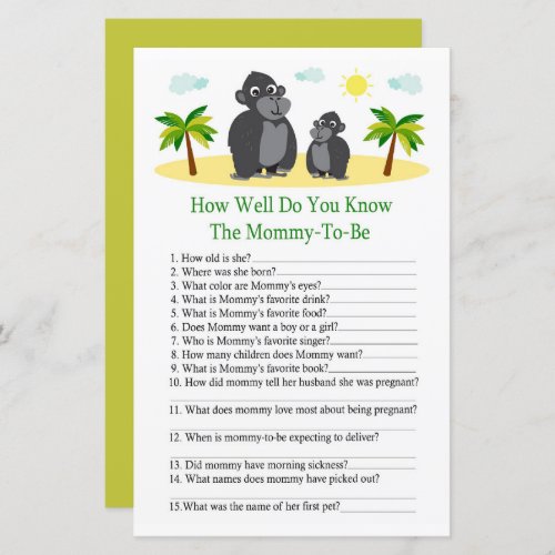 Gorilla How well do you know baby shower game