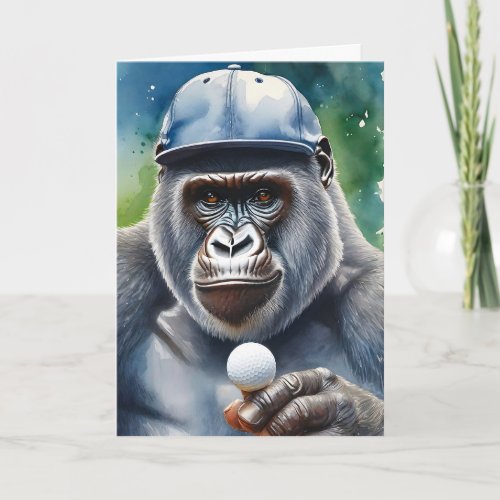 Gorilla in a Baseball Cap Playing Golf Blank Card