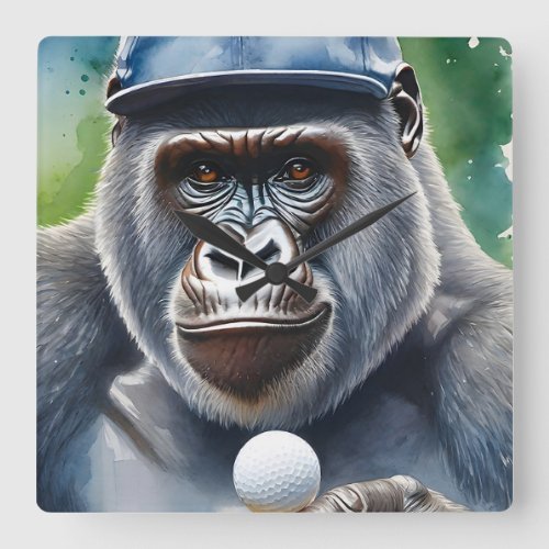 Gorilla in a Baseball Cap Playing Golf  Square Wall Clock