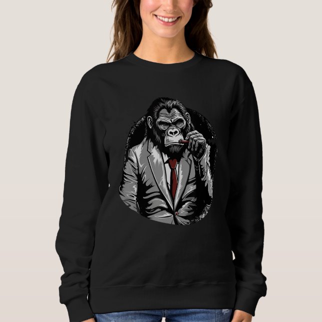 Gorilla In Suit Smoking Cigar Monkey Ape Wildlife  Sweatshirt (Front)