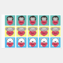 Gorilla Koala Polar bear Kids Heart Name Labels
