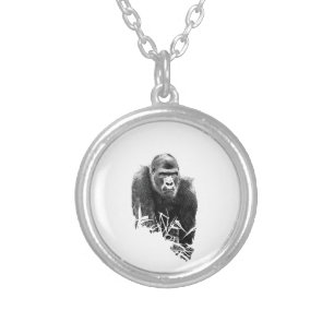 Gorilla Lope Digital Outline Art Silver Plated Necklace