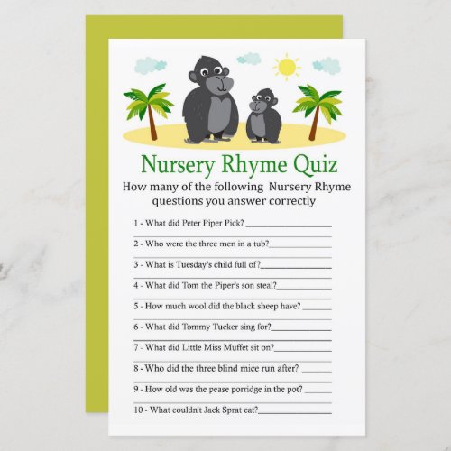Gorilla Nursery Rhyme Quiz baby shower game