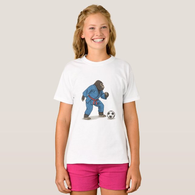 Gorilla playing soccer in karate kimono T-Shirt (Front Full)