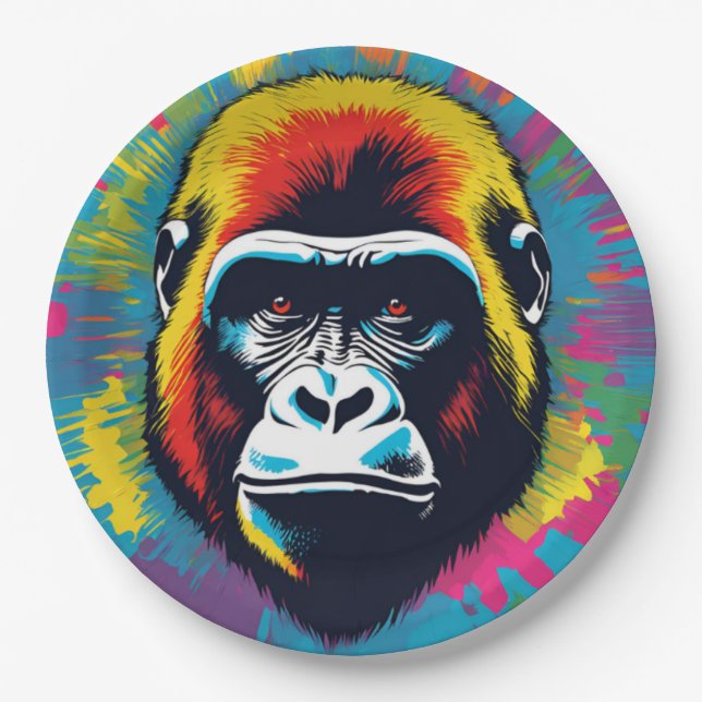 Gorilla Pop Art Cartoon Drawing Paper Plates (Front)