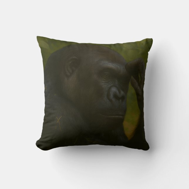 Gorilla Reflection – Thoughtful Wildlife Portrait Throw Pillow (Front)