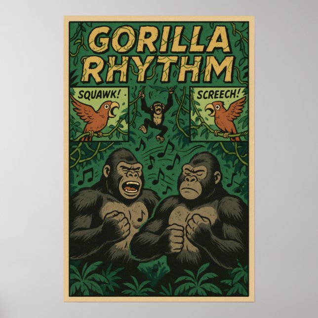 Gorilla Rhythm Jungle Comic – Musical Wildlife Poster (Front)