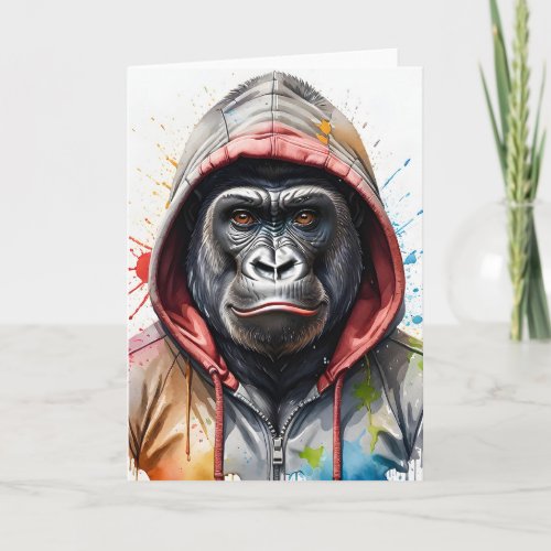 Gorilla Splatter Art Watercolor Portrait Hoodie Card