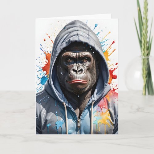 Gorilla Splatter Art Watercolor Portrait Hoodie  Card