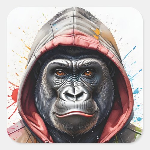 Gorilla Splatter Art Watercolor Portrait Hoodie Square Sticker