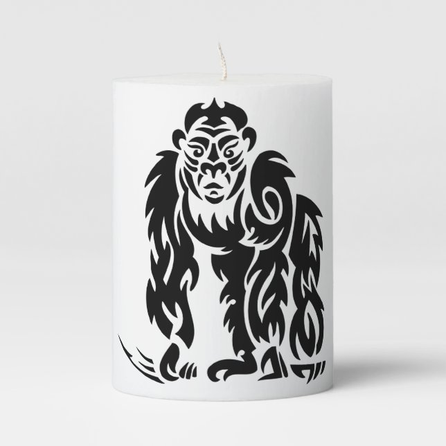 Gorilla Tattoo Style Design Black White Pillar Candle (Front)