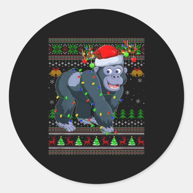 Gorilla Ugly Christmas Sweaters Holiday Santa Cute Classic Round Sticker (Front)